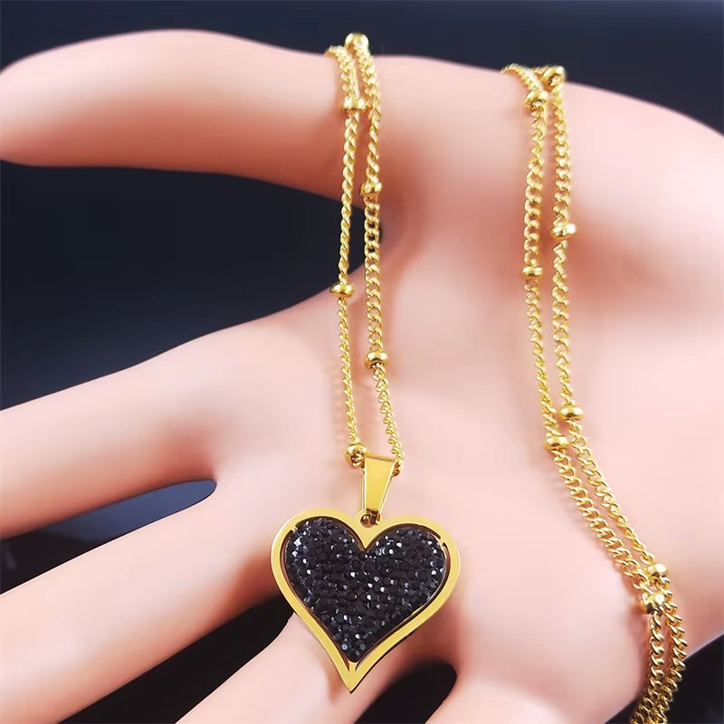 Elegant Black Crystal Heart Pendant Necklace for Women Stainless Steel Gold Color Small Exquisite Choker Chain Jewelry N8261S01