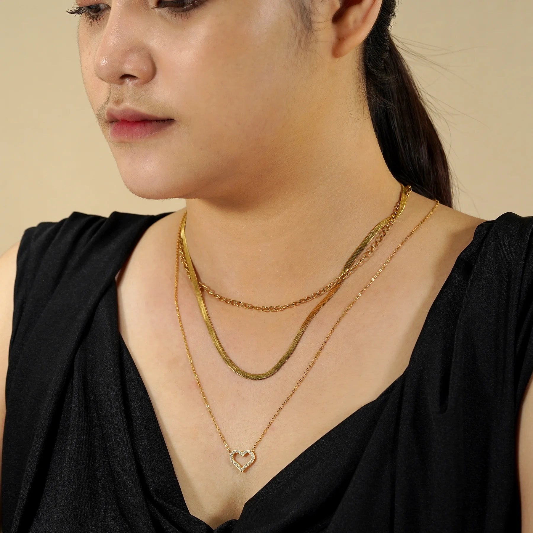 Multipack 3 Pc Women Layered Necklace Pendant, Yellow Gold Plating, Gold Chain, Choker Necklace, Herringbone Layered Necklace Jewelry Gift