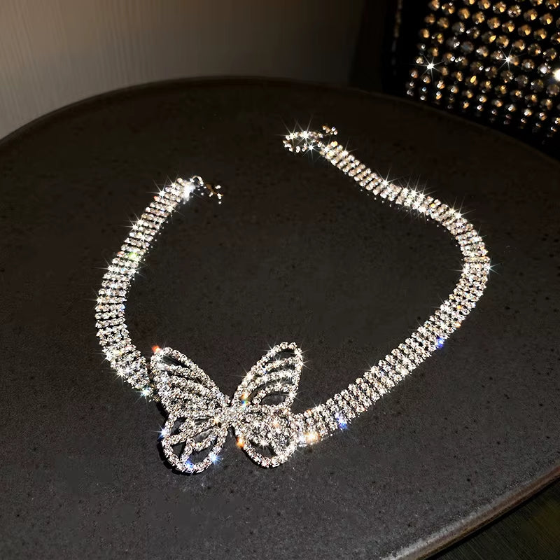 Beautiful Butterfly Crystal Choker Necklaces for Women Shine Rhinestone Necklaces Statement Jewelry Accessories