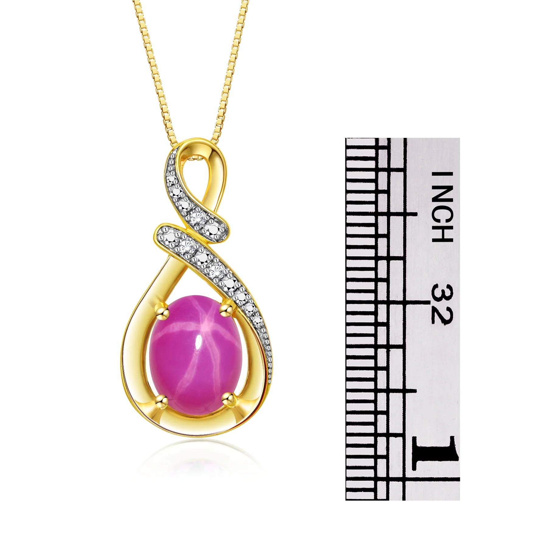 Necklace Yellow Gold Plated Silver Classic Designer Necklace Gemstone & Diamonds Pendant 18" Chain 9X7MM Star Ruby July Birthstone Womens Jewelry Silver Necklace