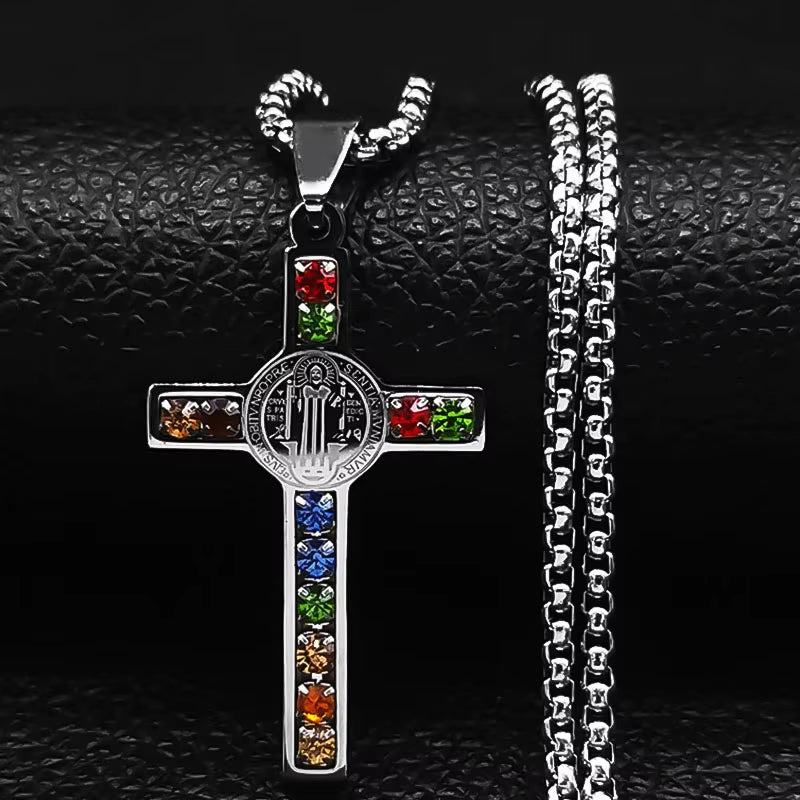 Catholic Jesus Cross Stainless Steel Necklace Saint Benedict Crystal Virgin Mary Pendant Crucifix Male Necklaces Jewelry Cruz
