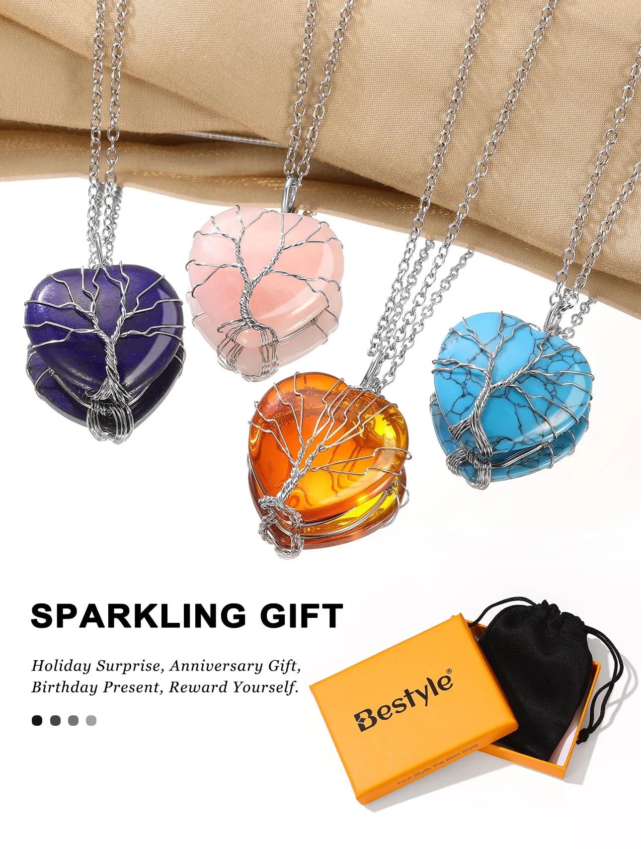 Tree of Life Heart Crystal Necklaces August Birthstone Pendant Nature Aventurine Gemstones Healing Necklaces