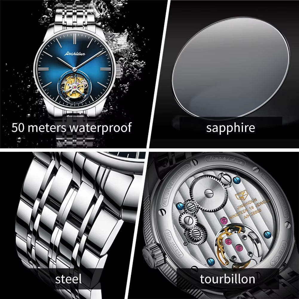 Tourbillon Watch  Men'S Watch Sapphire Mirror Stainless Steel 50M Waterproof Original Automatic Mechanical Watch for Men