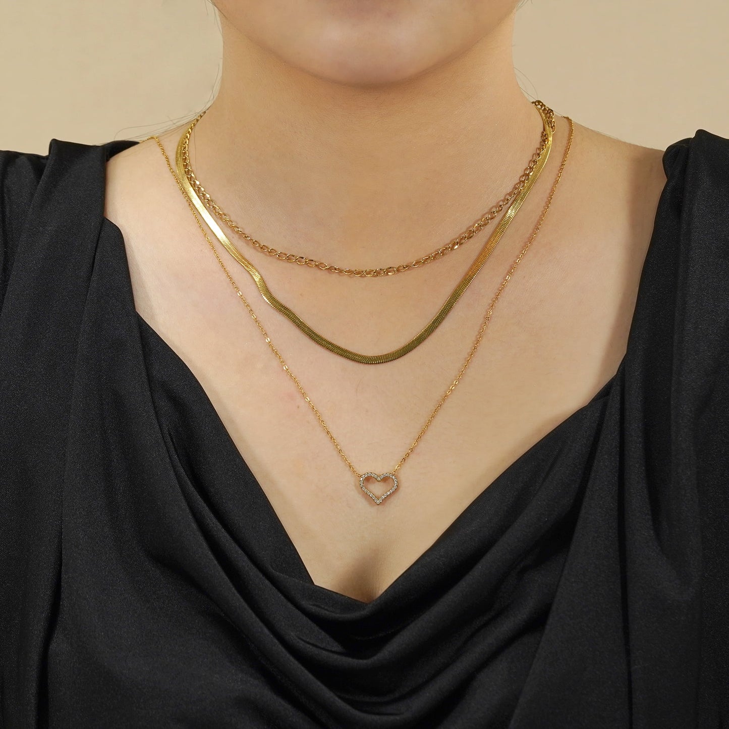 Multipack 3 Pc Women Layered Necklace Pendant, Yellow Gold Plating, Gold Chain, Choker Necklace, Herringbone Layered Necklace Jewelry Gift