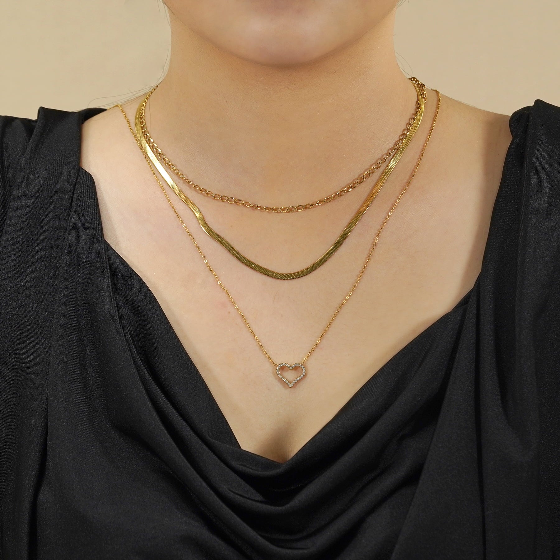 Multipack 3 Pc Women Layered Necklace Pendant, Yellow Gold Plating, Gold Chain, Choker Necklace, Herringbone Layered Necklace Jewelry Gift